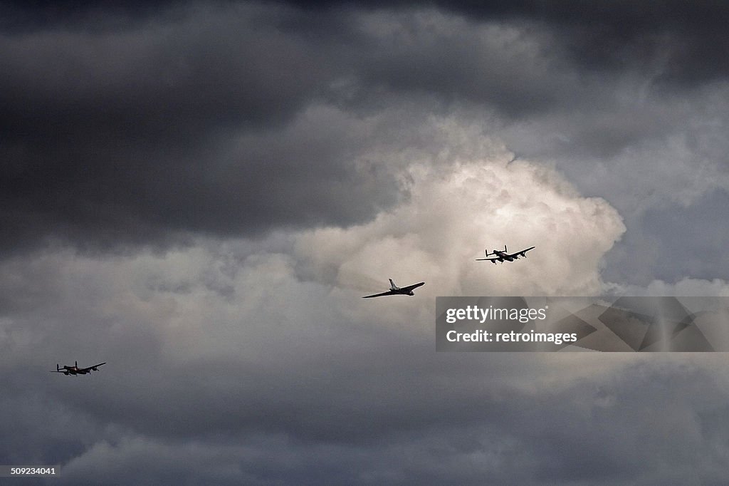 Three Avro aircraft flypast - Lancasters and Vulcan bombers