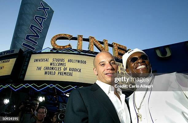 Actors Vin Diesel and Keith David arrive for the premiere of the film "The Chronicles of Riddick" at the Universal Studios Park June 3, 2004 in Los...