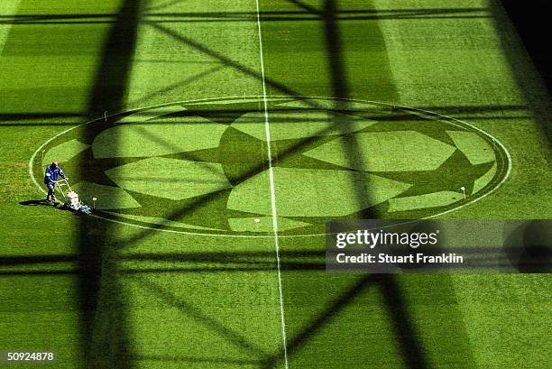 The groundsman prepares the pitch prior to the UEFA Champions League Final match between AS Monaco and FC Porto at the AufSchake Arena on May 26,...