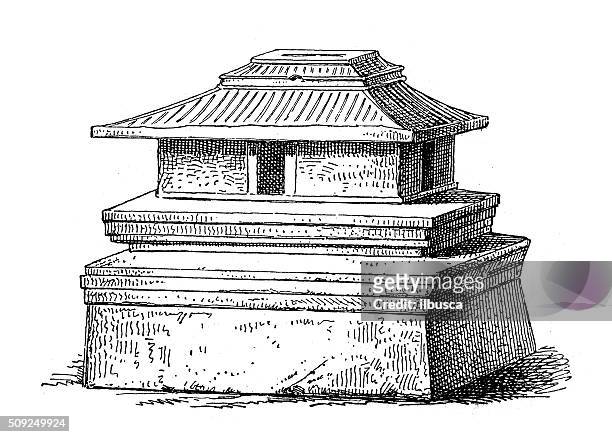 antique illustration of house-shaped urn from chiusi etruscan cemetery - urn stock illustrations