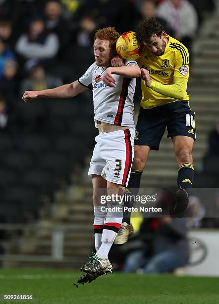 Cristhian Stuani of Middlesbrough contests the ball with Dean Lewington of Milton Keynes Dons during the Sky Bet Championship match between Milton...