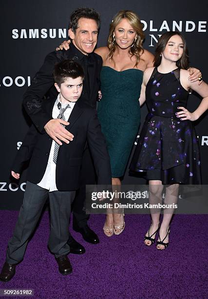 Quinlin Stiller, Ben Stiller, Christine Taylor and Ella Stiller attend the "Zoolander 2" World Premiere at Alice Tully Hall on February 9, 2016 in...