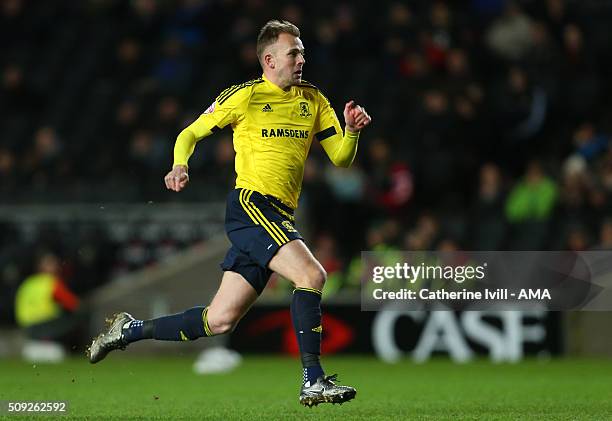 Jordan Rhodes of Middlesbrough during the Sky Bet Championship match between MK Dons and Middlesbrough at Stadium mk on February 9, 2016 in Milton...