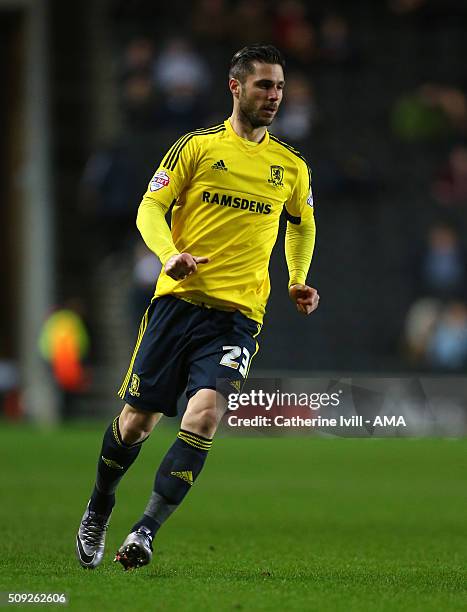 Kike Sola of Middlesbrough during the Sky Bet Championship match between MK Dons and Middlesbrough at Stadium mk on February 9, 2016 in Milton...