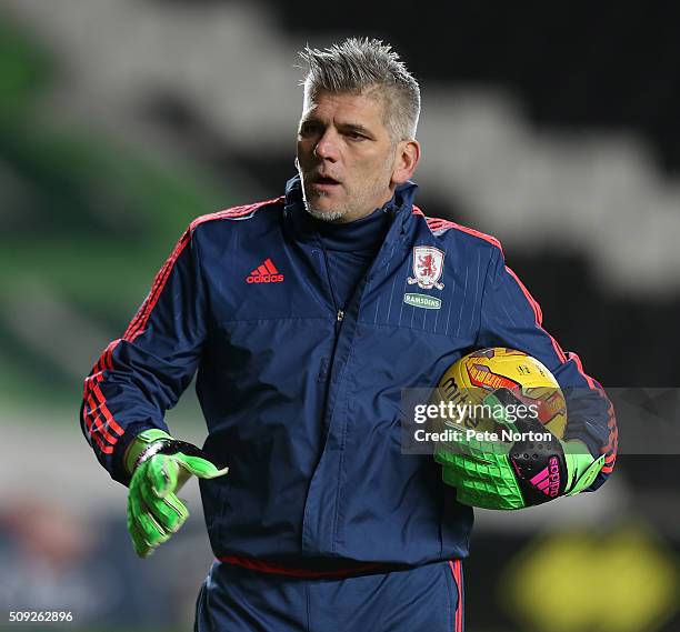 Middlesbrough goalkeeper coach Leo Percovich in action during the pre match warm up prior to the Sky Bet Championship match between Milton Keynes...