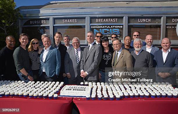 Actors Rocky Carroll, Brian Dietzen, Emily Wickersham and Mark Harmon, executive producer Mark Schilz, actor Sean Murray, executive producers George...