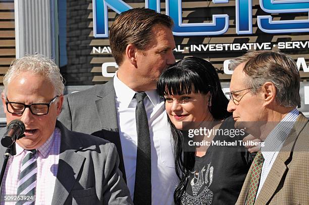 Executive Producer Gary Glasberg and actors Michael Weatherly, Pauley Perrette and David McCallum attend the cake cutting celebration for "NCIS"...