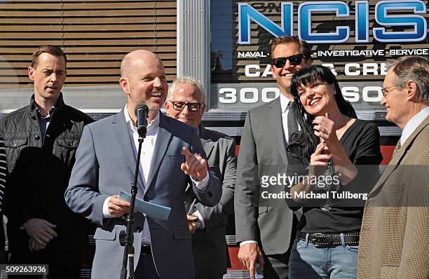 Actor Sean Murray, executive producers Glenn Geller and Gary Glasberg and actors Michael Weatherly, Pauley Perrette and David McCallum attend the...