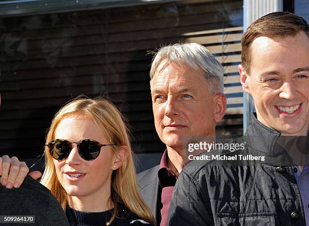 Actors Emily Wickersham, Mark Harmon and Sean Murray attend the cake cutting celebration for "NCIS" 300th episode on February 9, 2016 in Valencia,...