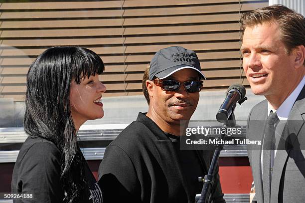 Actors Pauley Perrette, Rocky Carroll and Michael Weatherly attend the cake cutting celebration for "NCIS" 300th episode on February 9, 2016 in...