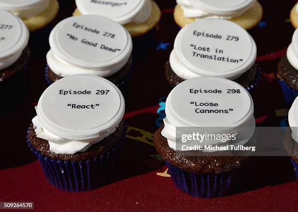 Atmosphere shot of cupcakes bearing the titles of all the episodes of "NCIS" at the cake cutting celebration for "NCIS" 300th episode on February 9,...