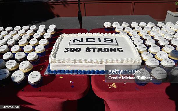 Atmosphere shot of cake at the cake cutting celebration for "NCIS" 300th episode on February 9, 2016 in Valencia, California.