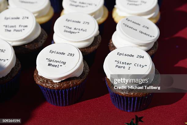 Atmosphere shot of cupcakes bearing the titles of all the episodes of "NCIS" at the cake cutting celebration for "NCIS" 300th episode on February 9,...