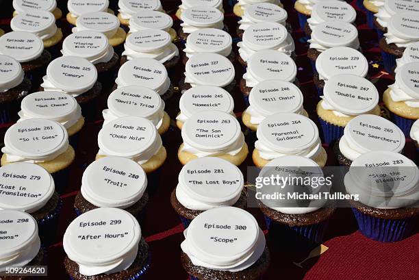 Atmosphere shot of cupcakes bearing the titles of all the episodes of "NCIS" at the cake cutting celebration for "NCIS" 300th episode on February 9,...