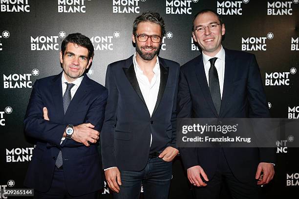 Jerome Lambert , Noe Duchaufour-Lawrance and Oliver Goessler attend the Montblanc House Opening on February 09, 2016 in Hamburg, Germany.