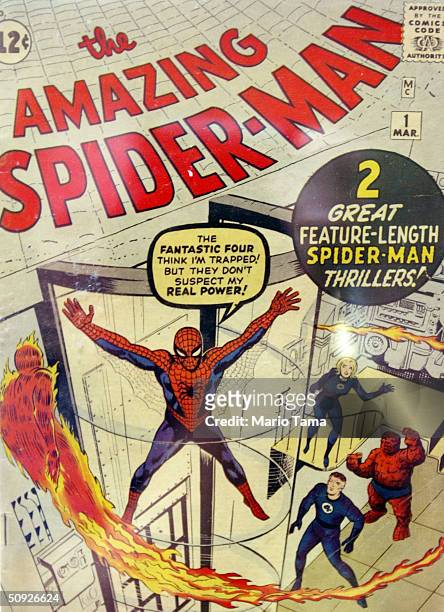 Rare first issue of The Amazing Spider-Man comic book series valued around $30,000 is seen at a press preview for the Big Apple Comic Book, Art and...