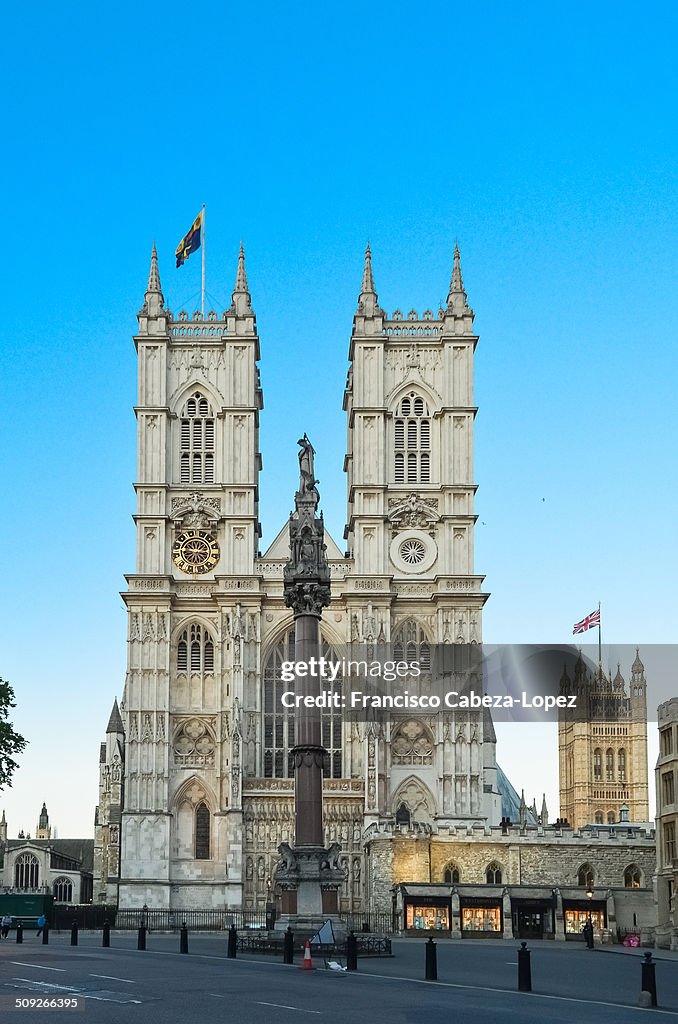 Westminster Abbey facade at dusk, London