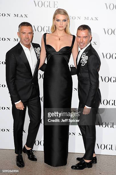Dan Caten, Lily Donaldson and Dean Caten attend at Vogue 100: A Century of Style at the National Portrait Gallery on February 9, 2016 in London,...