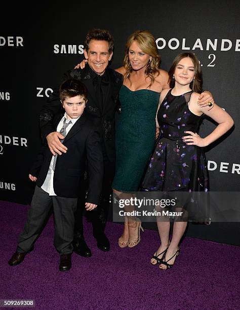 Quinlin Stiller, Ben Stiller, Christine Taylor and Ella Stiller attend the "Zoolander 2" World Premiere at Alice Tully Hall on February 9, 2016 in...