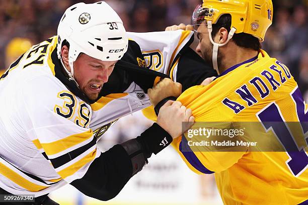 Matt Beleskey of the Boston Bruins and Andy Andreoff of the Los Angeles Kings figth during the second period at TD Garden on February 9, 2016 in...