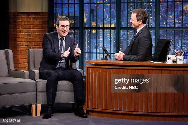 Episode 324 -- Pictured: TV personality John Oliver during an interview with host Seth Meyers on February 9, 2016 --