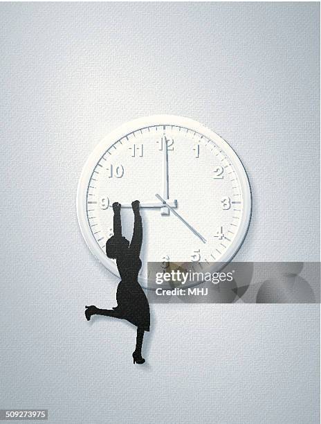 stockillustraties, clipart, cartoons en iconen met office clock and woman in the style of paper collage - biological clock