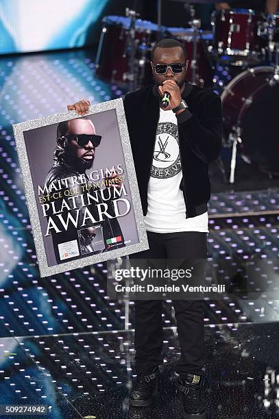 Maitre Gims attends the opening night of the 66th Festival di Sanremo 2016 at Teatro Ariston on February 9, 2016 in Sanremo, Italy.