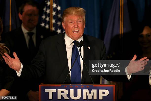 Republican presidential candidate Donald Trump speaks after Primary day at his election night watch party at the Executive Court Banquet facility on...