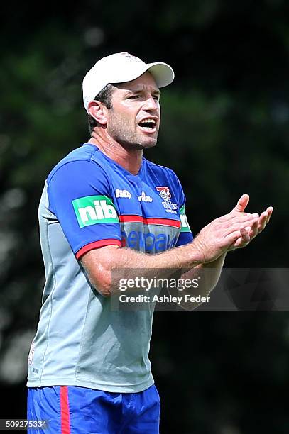 Danny Buderus of the Knights instructs his team during a Newcastle Knights NRL pre-season training session at Hunter Stadium on February 10, 2016 in...