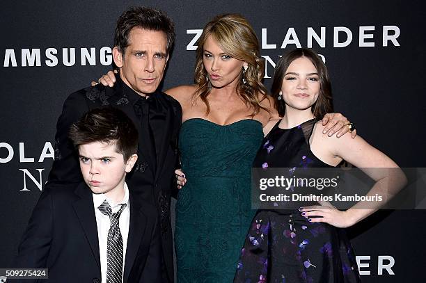 Quinlin Stiller, Ben Stiller, Christine Taylor and Ella Stiller attend the "Zoolander 2" World Premiere at Alice Tully Hall on February 9, 2016 in...