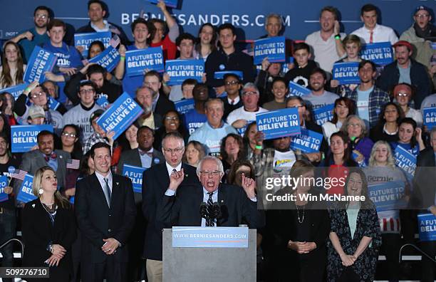 Democratic presidential candidate Bernie Sanders greets supporters after winning the New Hampshire Democratic Primary February 9, 2016 in Concord,...