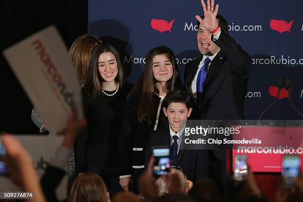Republican presidential candidate Sen. Marco Rubio , his wife Jeanett Rubio and their children take the stage during a primary election night party...
