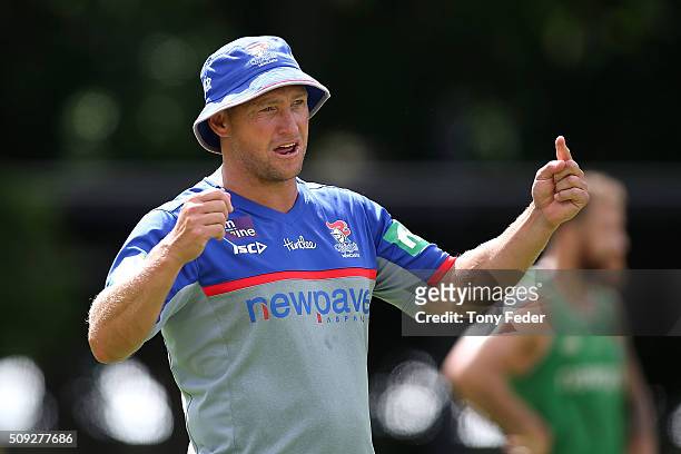 Newcastle Knights coach Nathan Brown during a Newcastle Knights NRL pre-season training session at Hunter Stadium on February 10, 2016 in Newcastle,...