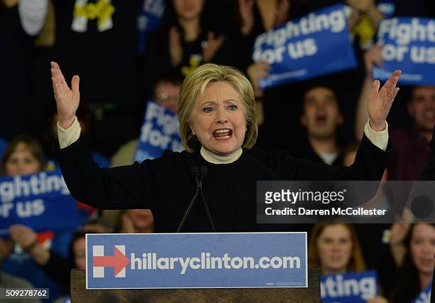 Democratic presidential candidate, former Secretary of State Hillary Clinton speaks during her primary night gathering at Southern New Hampshire...