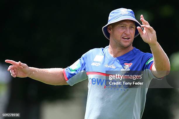 Newcastle Knights coach Nathan Brown during a Newcastle Knights NRL pre-season training session at Hunter Stadium on February 10, 2016 in Newcastle,...