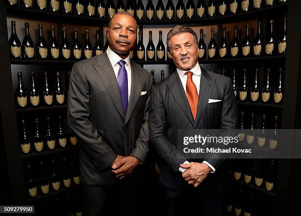 Actors Carl Weathers and Sylvester Stallone visit the Dom Perignon Lounge at The Santa Barbara International Film Festival on February 9, 2016 in...