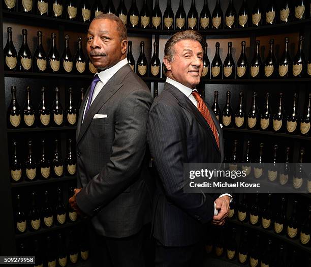 Actors Carl Weathers and Sylvester Stallone visit the Dom Perignon Lounge at The Santa Barbara International Film Festival on February 9, 2016 in...