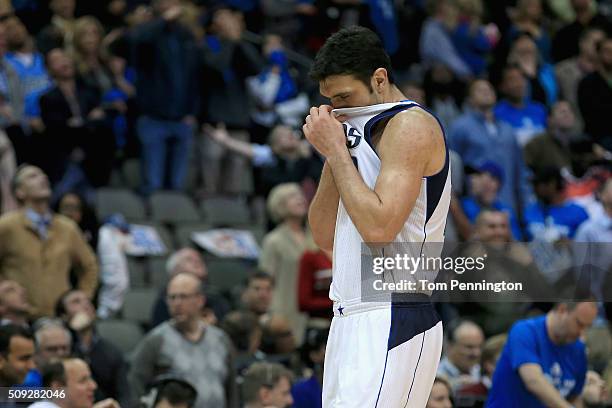 Zaza Pachulia of the Dallas Mavericks reacts to a play against the Utah Jazz in overtime at American Airlines Center on February 9, 2016 in Dallas,...