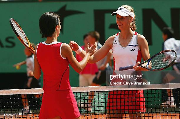 Anastasia Myskina of Russia is congratulated after winning her womens final match against Elena Dementieva of Russia, during Day Thirteen of the 2004...