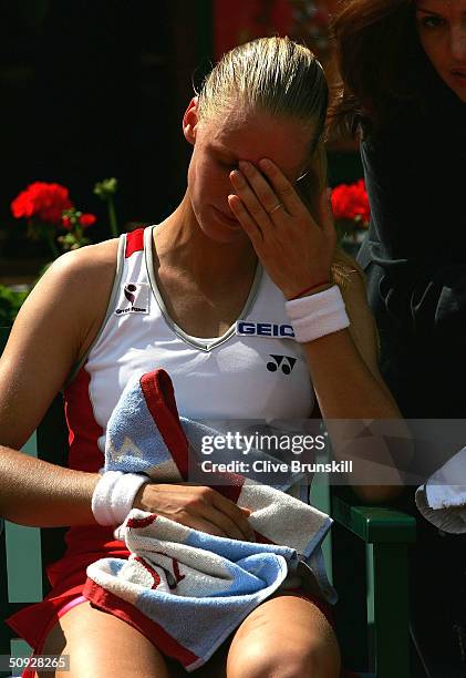 Elena Dementieva of Russia after losing her womens final match against Anastasia Myskina of Russia during Day Thirteen of the 2004 French Open Tennis...