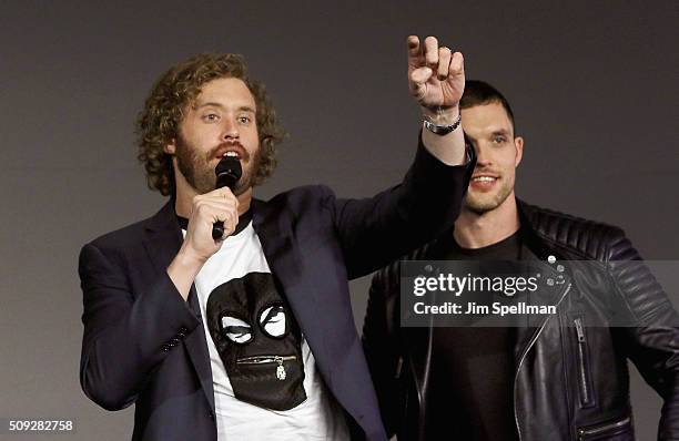 Actors TJ Miller and Ed Skrein attend Apple Store Soho Presents Meet The Actor: Ryan Reynolds, Morena Baccarin, TJ Miller, and Ed Skrein, "Deadpool"...