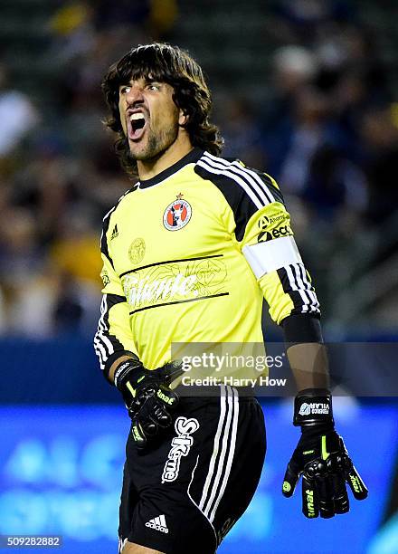 Federico Vilar of Club Tijuana reacts after a collision with Gyasi Zardes of Los Angeles Galaxy during the second half at StubHub Center on February...