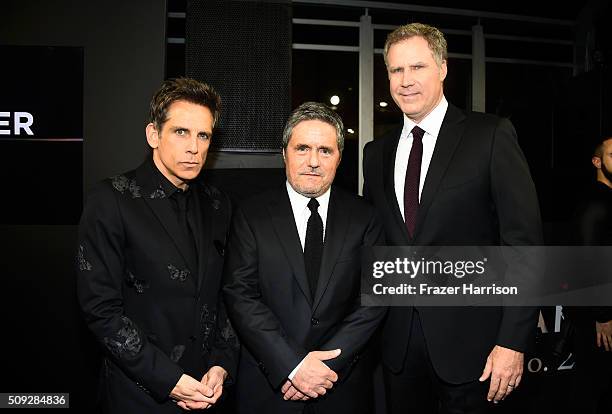 Chairman and CEO of Paramount Pictures, Brad Grey poses with actors Ben Stiller and Will Ferrell at the "Zoolander No. 2" World Premiere at Alice...