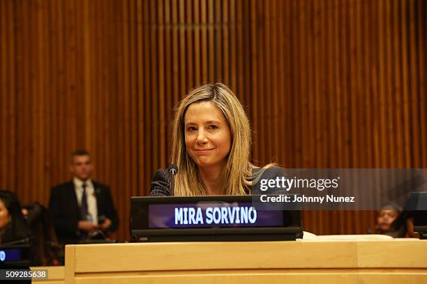 Mira Sorvino attends the UNODC High Level Event On Human Trafficking at United Nations on February 9 in New York City.