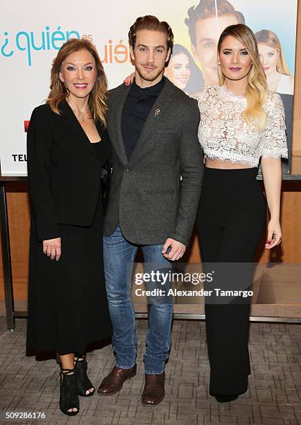 Laura Flores, Eugenio Siller and Kimberly Dos Ramos are seen at the premier of Telemundo's "Quien es Quien" at the Four Seasons on February 9, 2016...