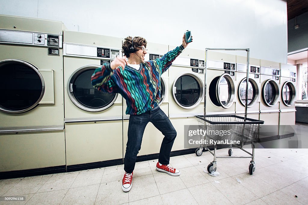 Eighties Man Dancing at Laundromat