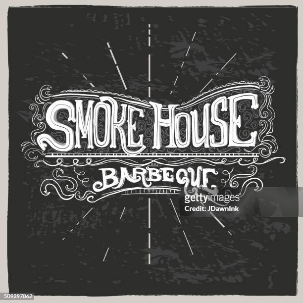 smokehouse hand lettered text label - bbq smoker stock illustrations