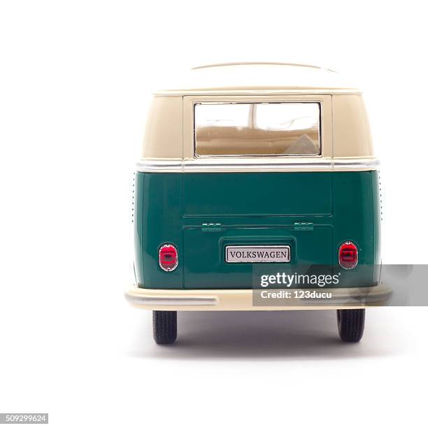 volkswagen camper isolated on white rear view - camping bus stock pictures, royalty-free photos & images