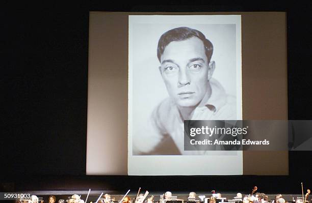 An image of actor Buster Keaton is projected onto a giant screen at the 15th Anniversary of the Los Angeles Chamber Orchestra's Silent Film Festival...