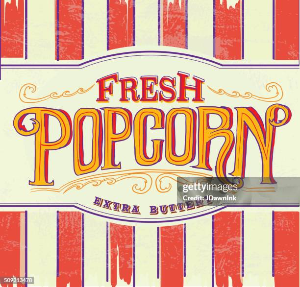 retro fresh popcorn hand lettered sign design - movie script writing stock illustrations